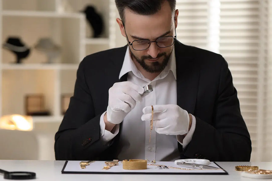 customer selling gold jewelry at a midtown manhattan jewelry store evaluation counter