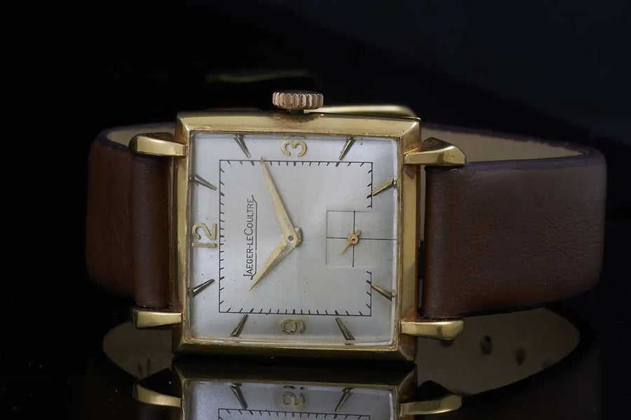 Vintage Jaeger-LeCoultre square gold dress watch with leather strap and small seconds subdial