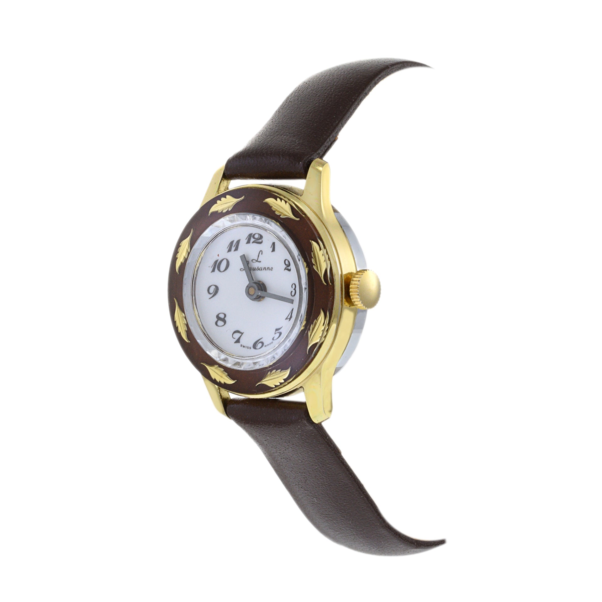 Laussane Gold Top Watch Leaf Pattern Bezel.
