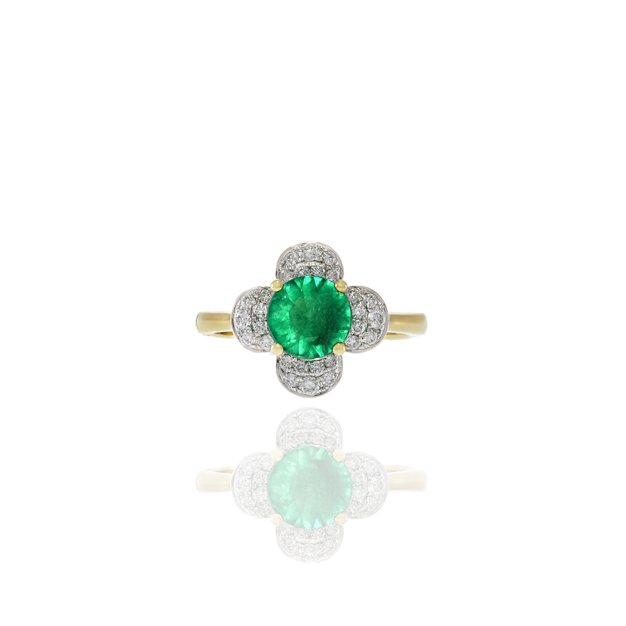 18KT Yellow Gold Emerald And Diamond Flower Ring