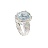 14K White Gold Oval Aquamarine and Diamond Double Halo Ring