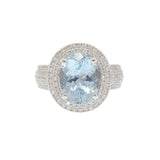 14K White Gold Oval Aquamarine and Diamond Double Halo Ring
