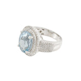 14K White Gold Oval Aquamarine and Diamond Double Halo Ring