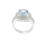 14K White Gold Oval Aquamarine and Diamond Double Halo Ring