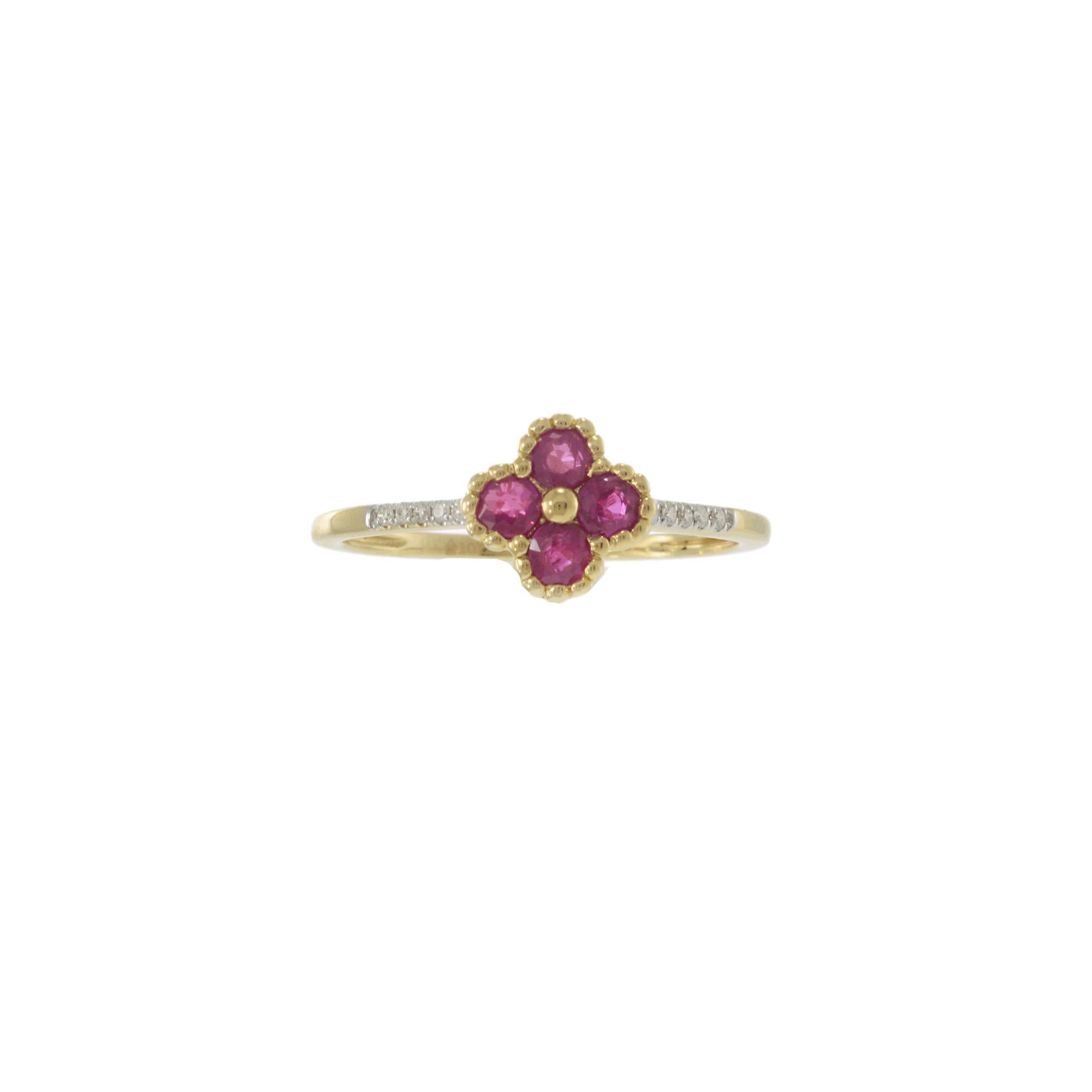 14KT Yellow Gold Ruby Clover Flower and Diamond Accent Ring