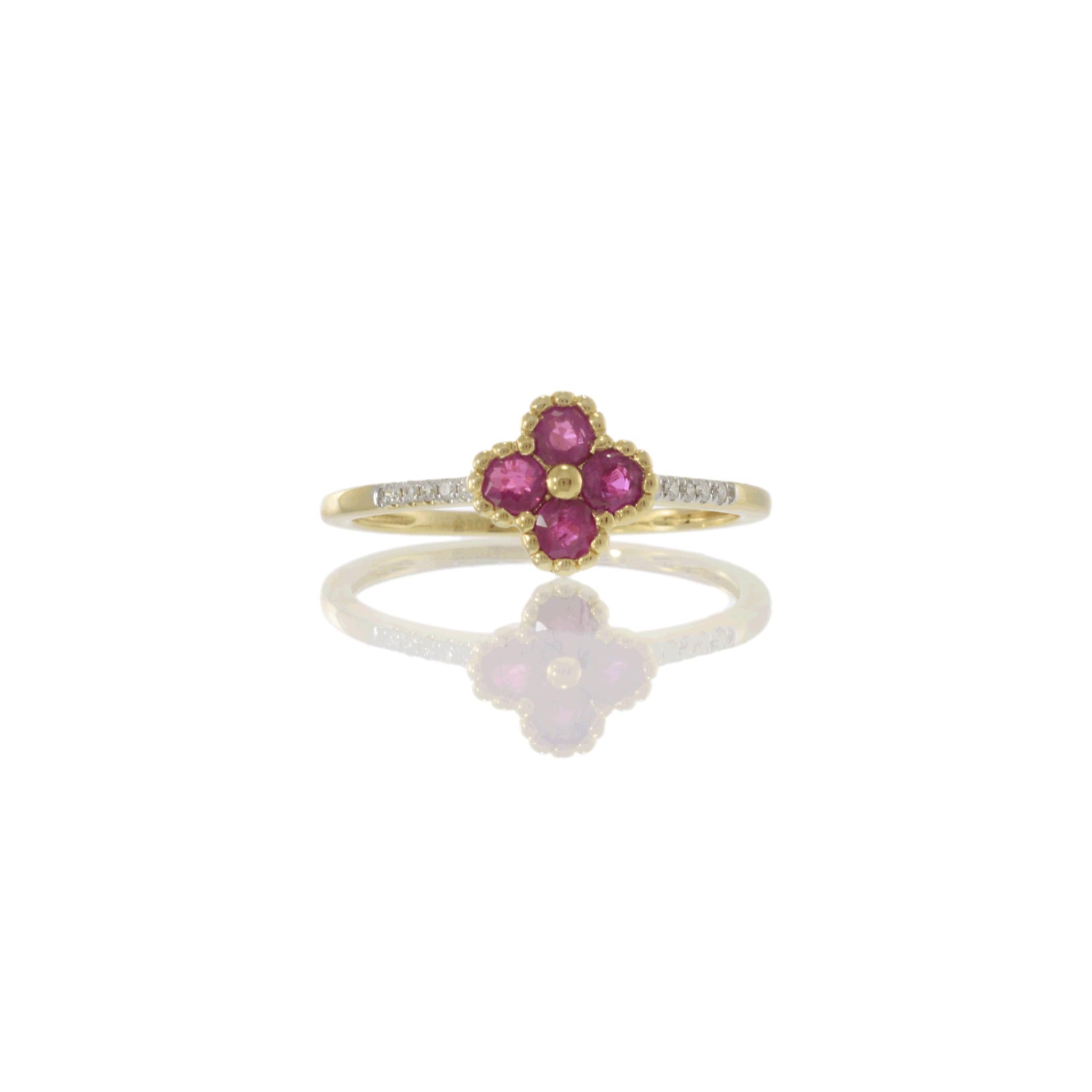 14KT Yellow Gold Ruby Clover Flower and Diamond Accent Ring