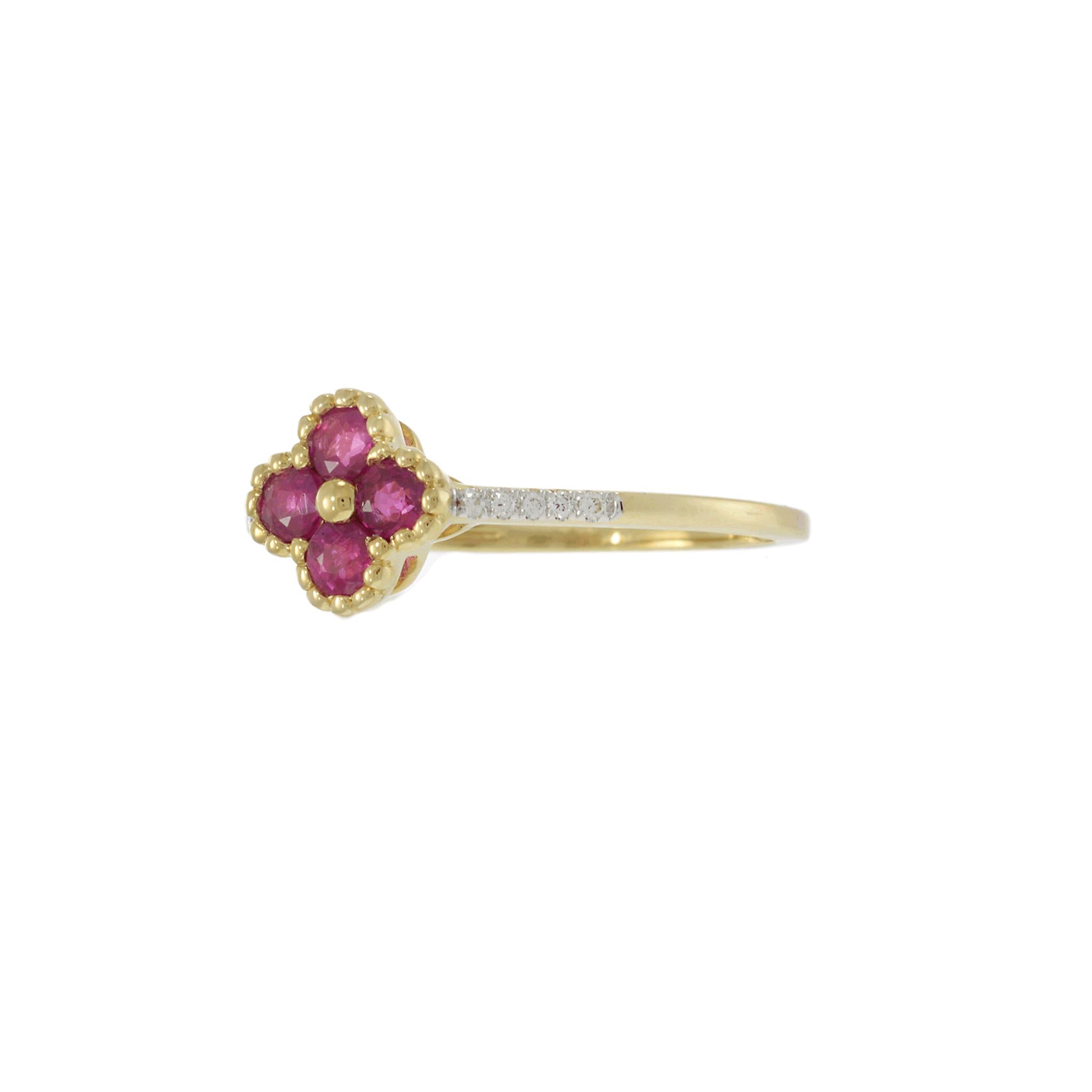 14KT Yellow Gold Ruby Clover Flower and Diamond Accent Ring