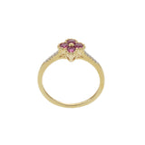 14KT Yellow Gold Ruby Clover Flower and Diamond Accent Ring