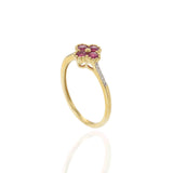 14KT Yellow Gold Ruby Clover Flower and Diamond Accent Ring