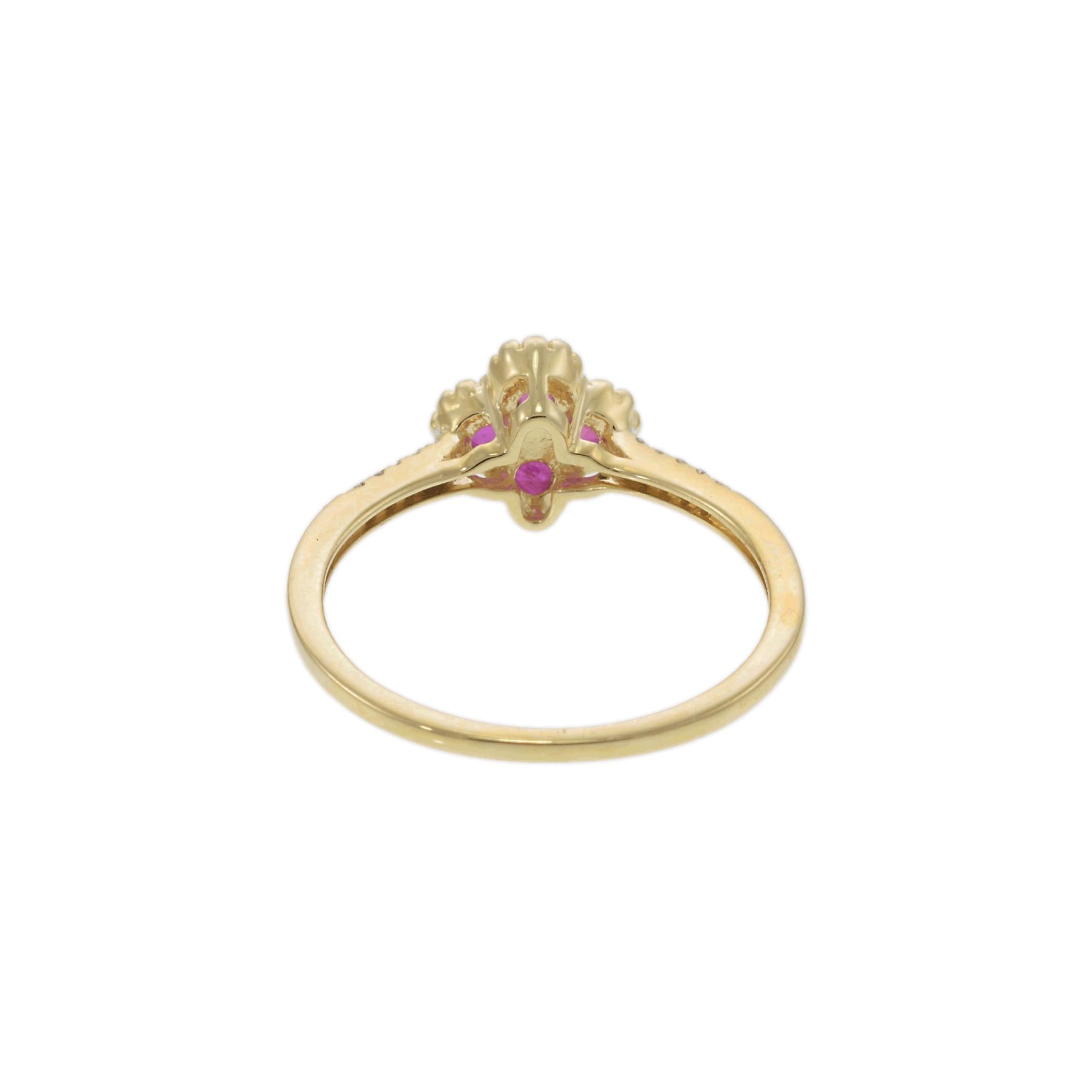 14KT Yellow Gold Ruby Clover Flower and Diamond Accent Ring