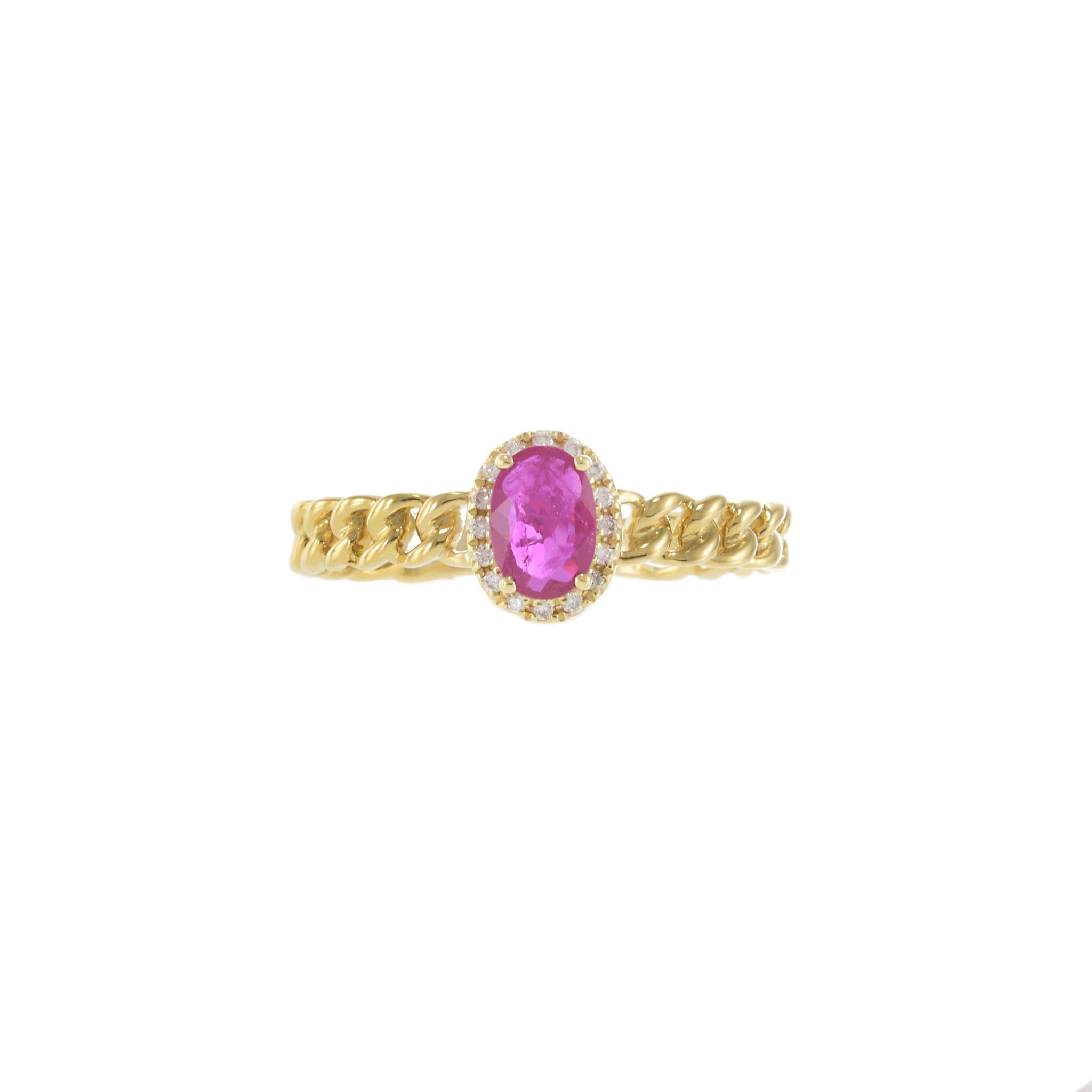 14KT Yellow Gold Chain Link Ruby and Diamond Halo Ring