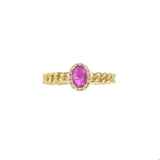 14KT Yellow Gold Chain Link Ruby and Diamond Halo Ring