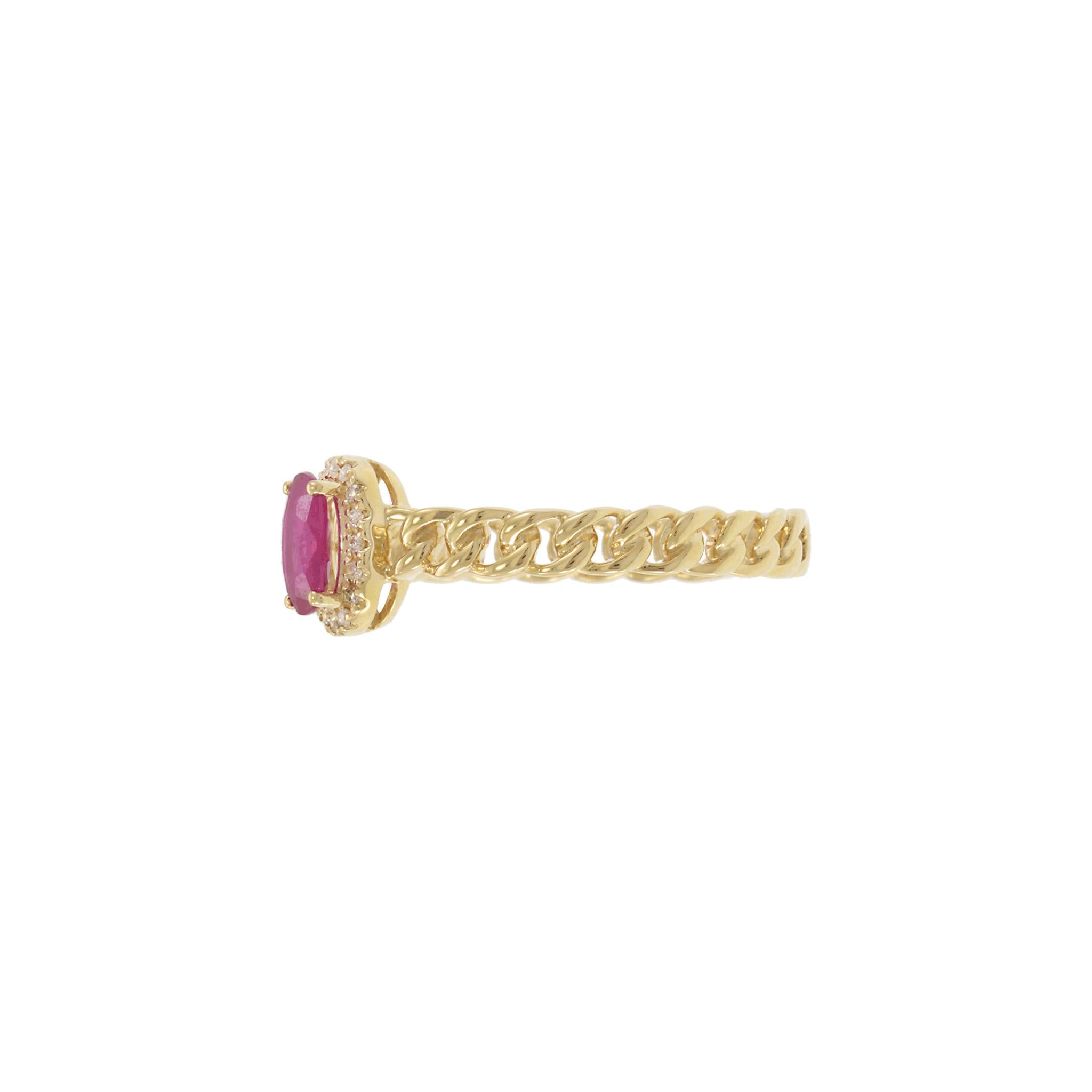 14KT Yellow Gold Chain Link Ruby and Diamond Halo Ring