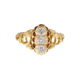 Antique Victorian Era 18KT Yellow Gold 3-Stone Diamond Filigree French Ring