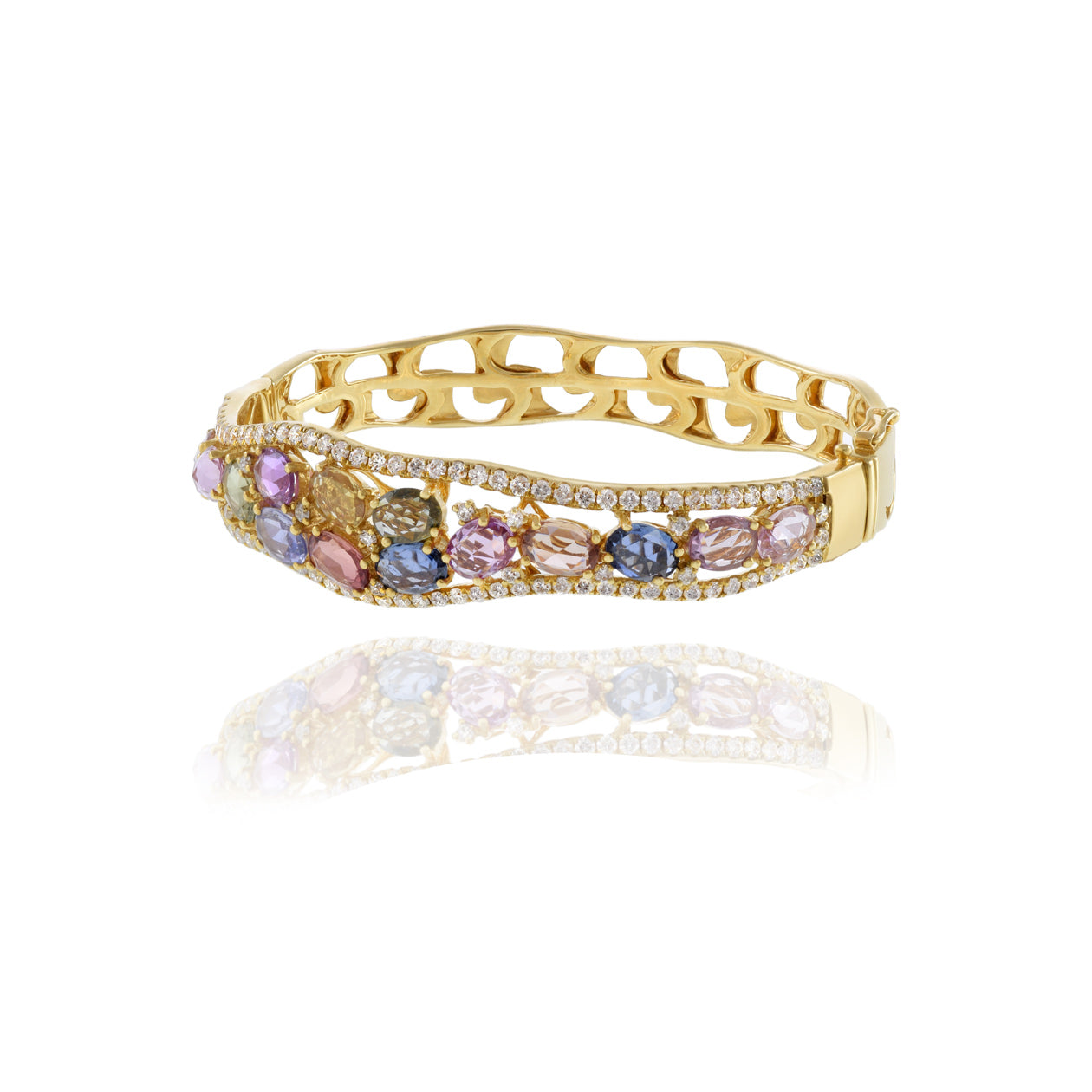18KT Yellow Gold Multi Colored Sapphire And Diamond Bangle