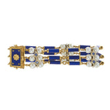 18KT Yellow Gold Antique Victorian Blue Enamel, Pearl, and Sapphire Row Bracelet