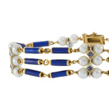 18KT Yellow Gold Antique Victorian Blue Enamel, Pearl, and Sapphire Row Bracelet