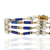 18KT Yellow Gold Antique Victorian Blue Enamel, Pearl, and Sapphire Row Bracelet