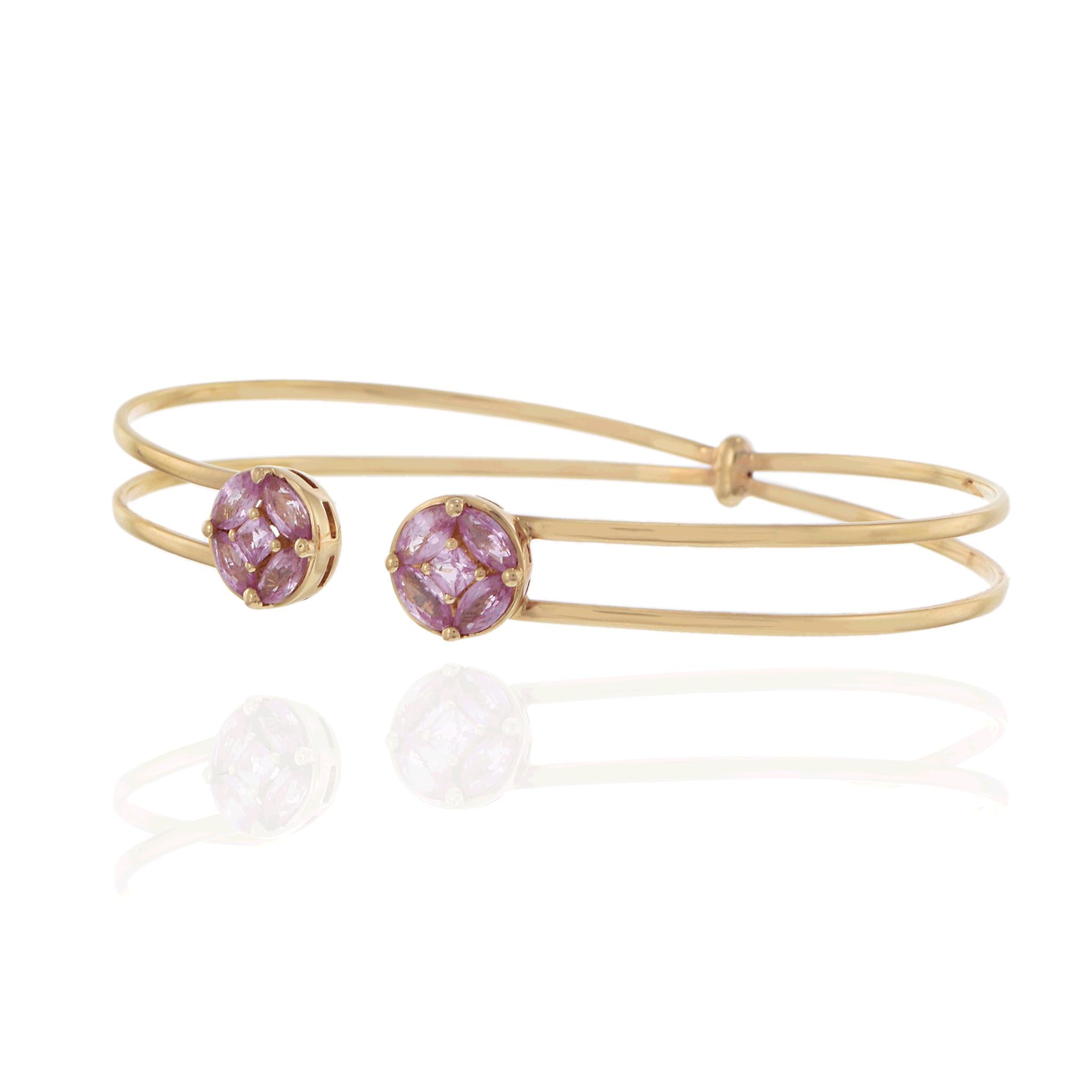 14KT Yellow Gold Pink Sapphire Cluster Open Bangle Bracelet