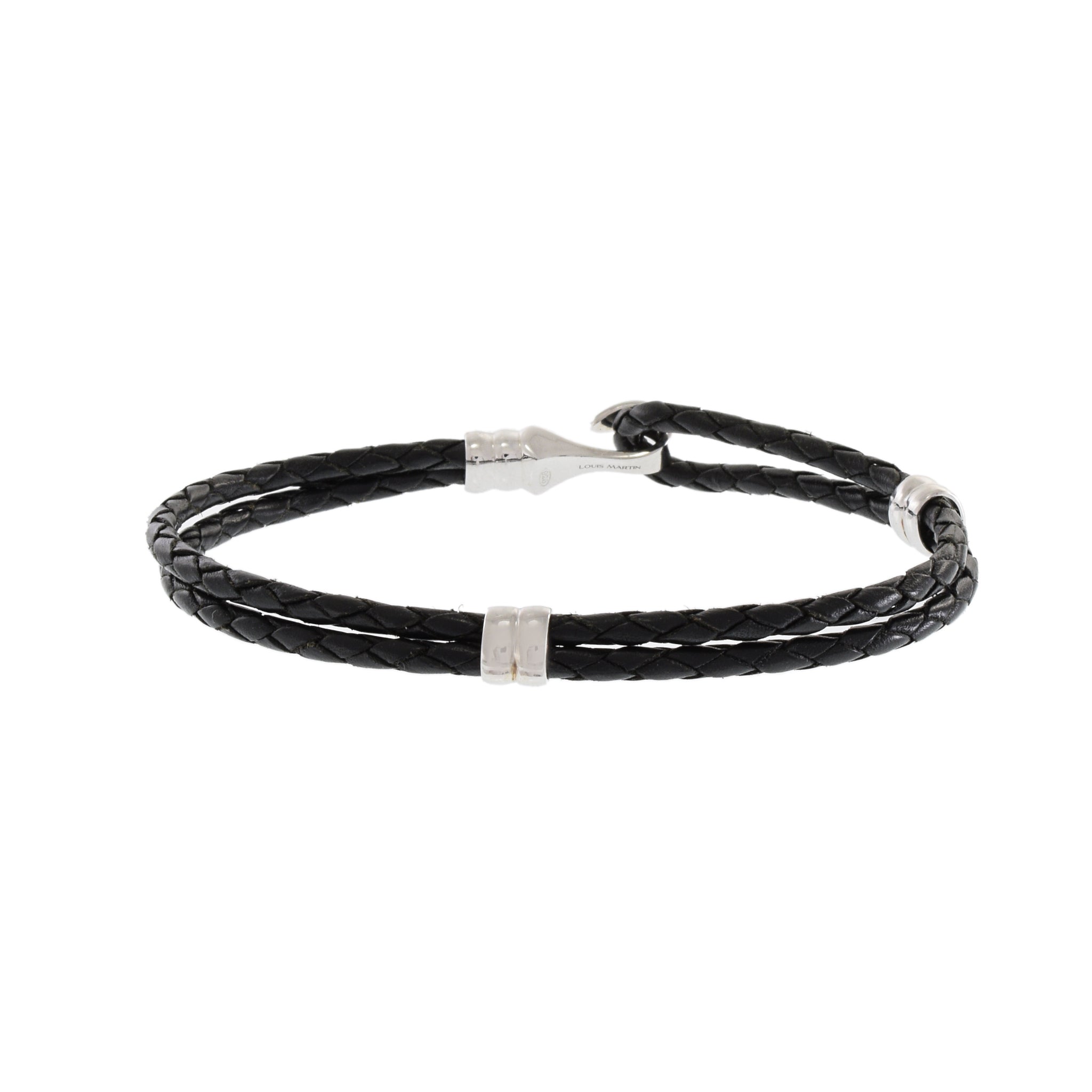 Louis Martin Black Italian Leather Sterling Silver Hook Bracelet
