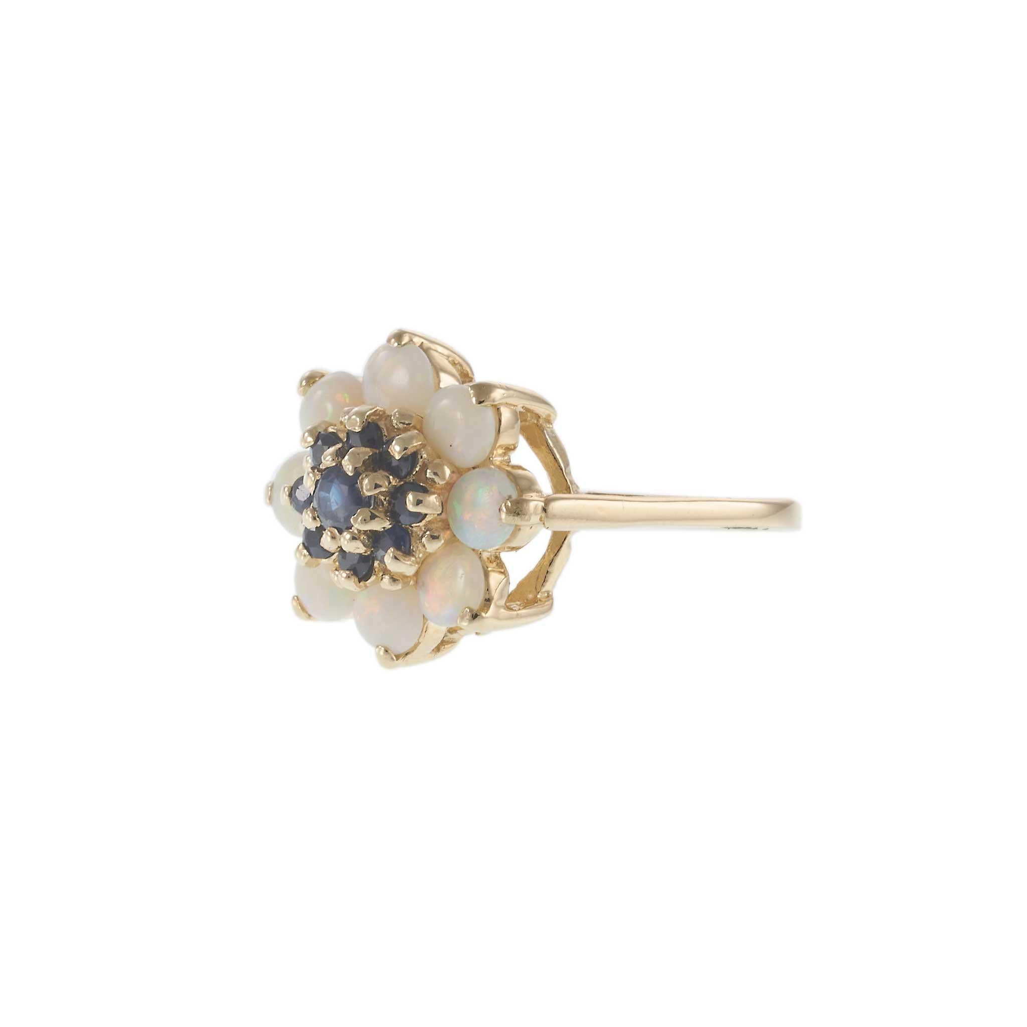 Vintage 1970s 14KT Yellow Gold Opal and Blue Sapphire Cluster Ring