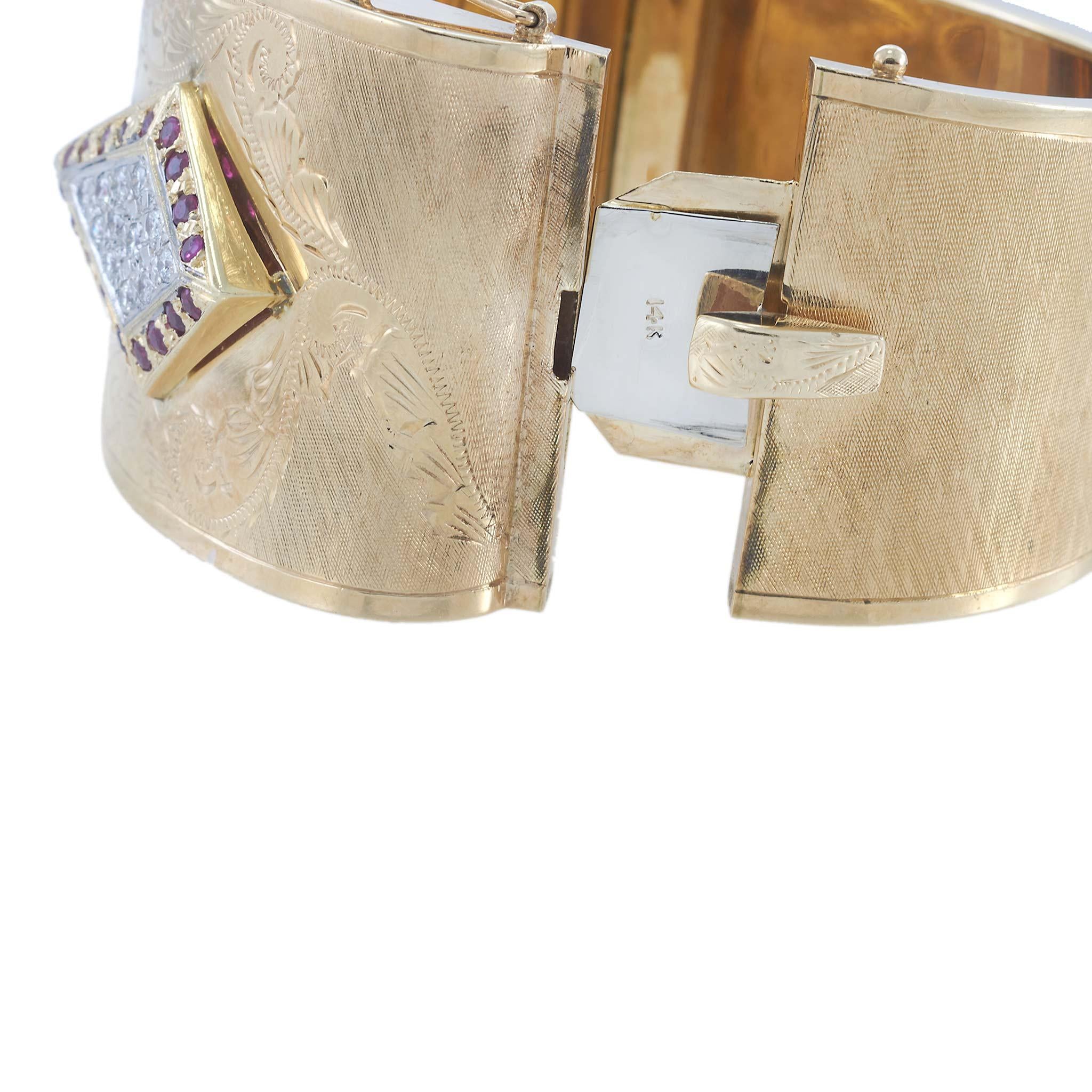 Vintage Retro Era 14KT Yellow Gold Ruby and Diamond Buckle Cuff Bracelet