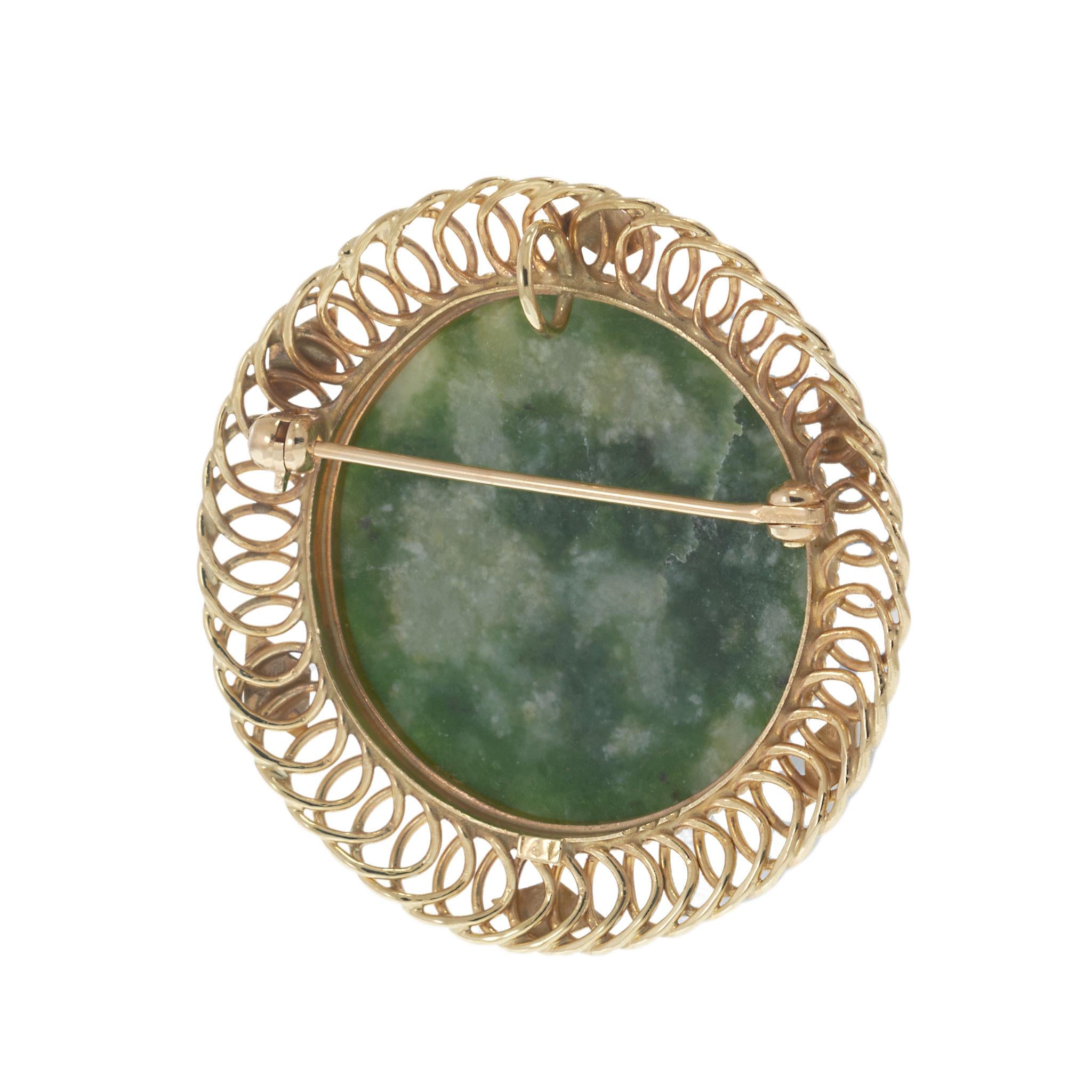 Vintage 14KT Gold Spinach Jade Carved Brooch Pendant