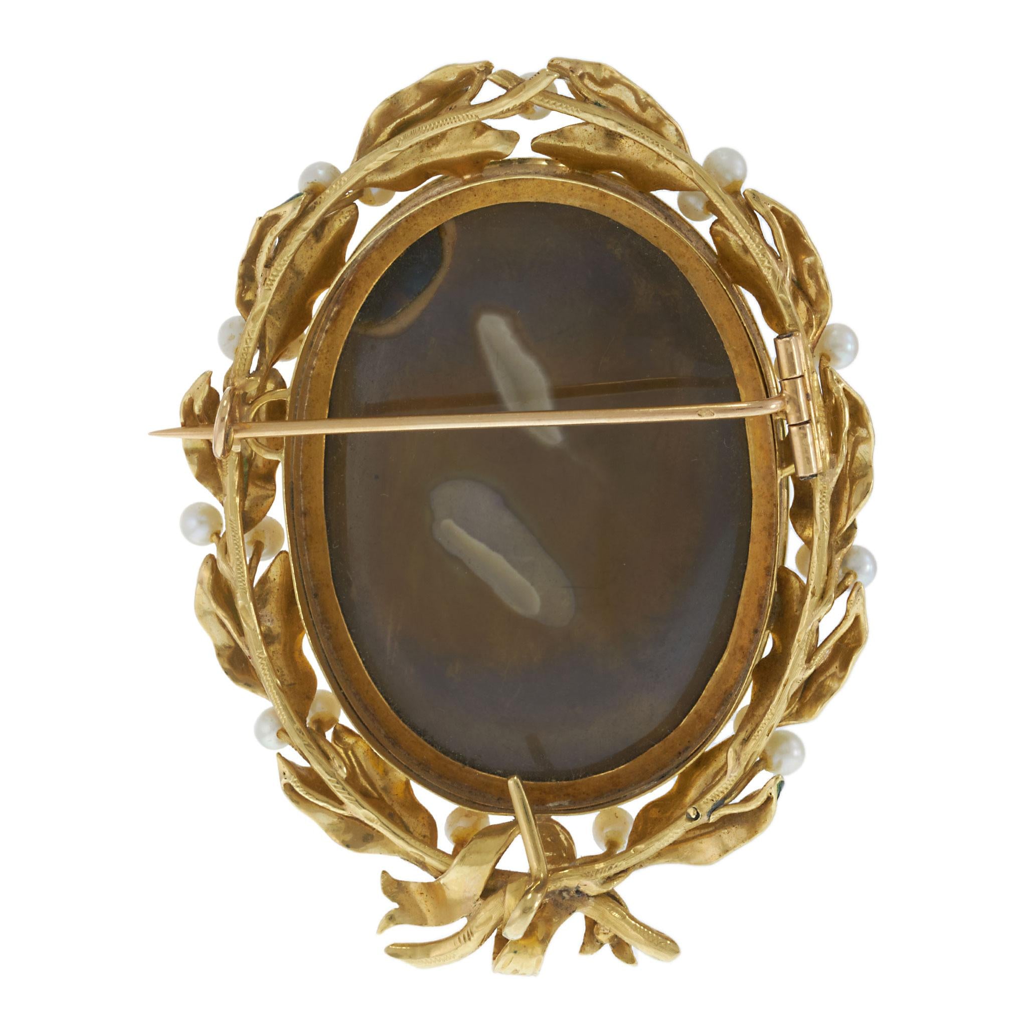 Victorian 18KT Gold Agate Cameo Brooch with Enamel and Pearls