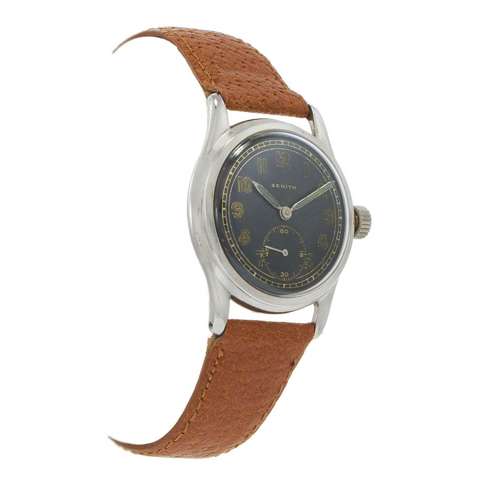 Vintage Zenith 1940s Stainless Steel Military Watch Black Dial