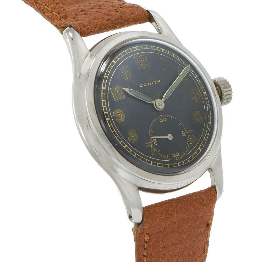 Vintage Zenith 1940s Stainless Steel Military Watch Black Dial