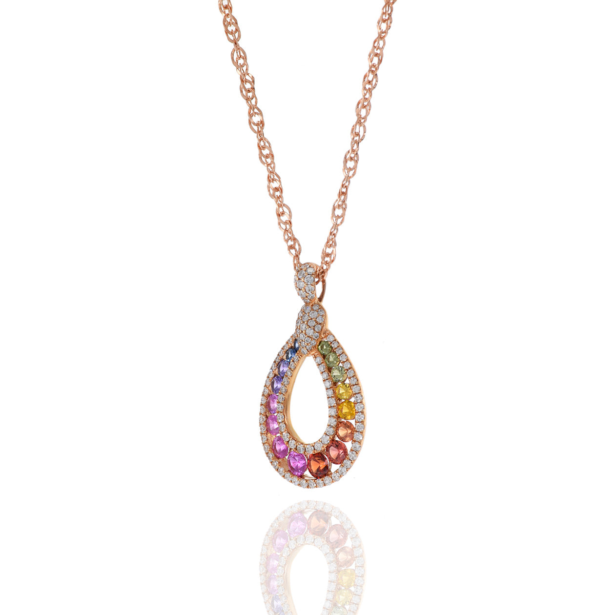 18KT Rose Gold Diamond And Multi Color Sapphire Drop Pendant With Chain