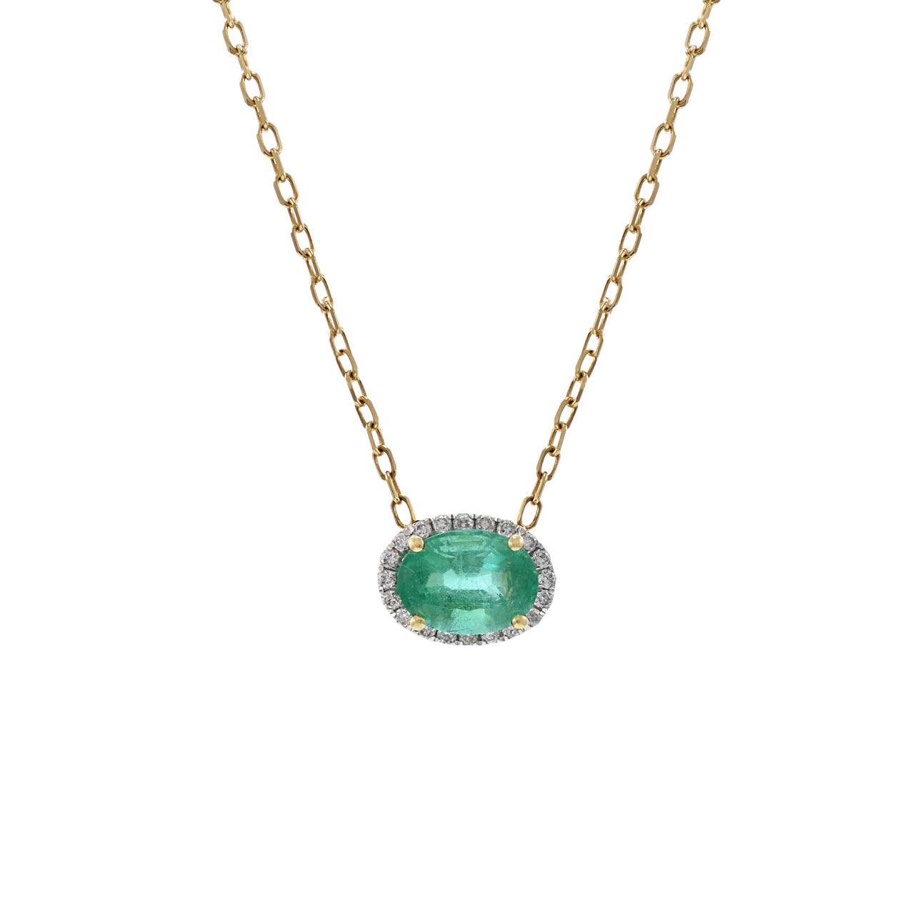 18KT Yellow Gold Halo Emerald and Diamond Necklace