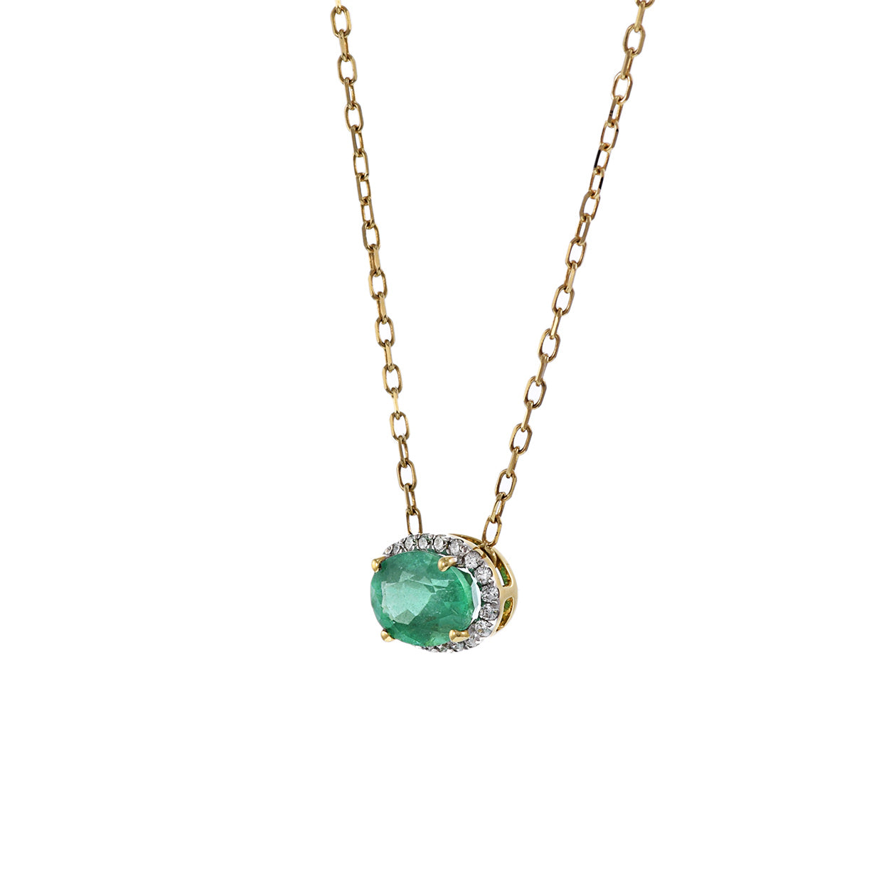 18KT Yellow Gold Halo Emerald and Diamond Necklace