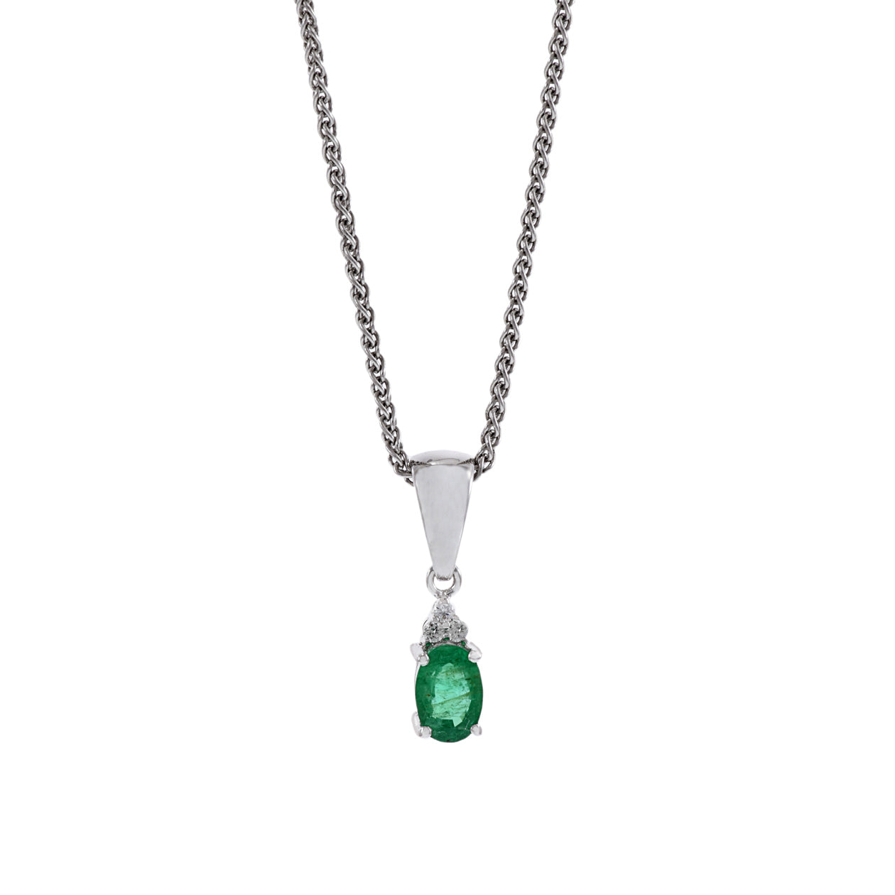 18KT White Gold Oval Emerald And Diamond Pendant