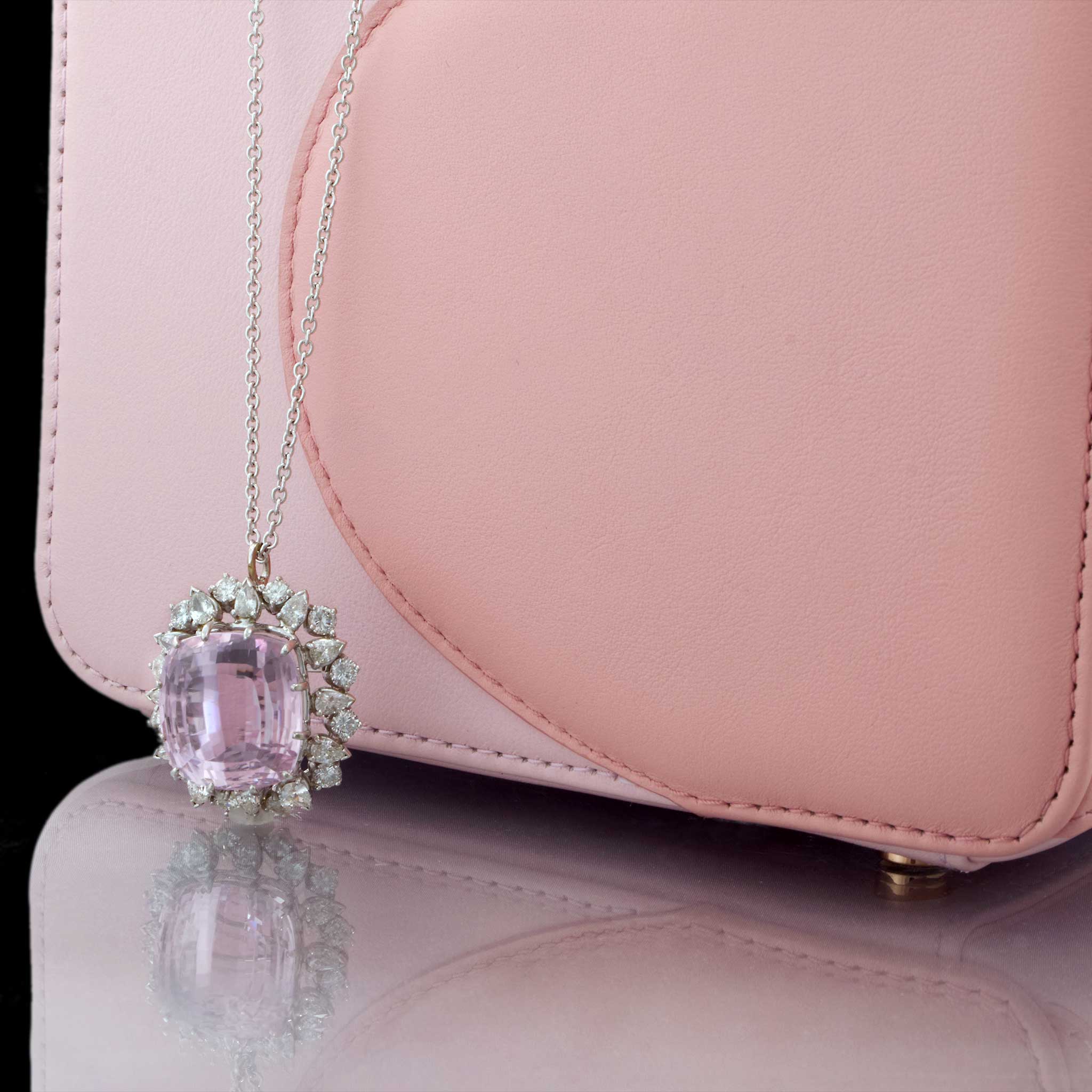 Estate Retro 14KT White Gold Kunzite and Diamond Pin/Pendant