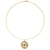 14KT Yellow Gold Mother of Pearl, Diamond, and Ruby Disc Pendant