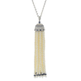 18KT White Gold Pearl, Diamond, and Sapphire Tassel Drop Necklace