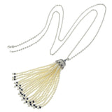 18KT White Gold Pearl, Diamond, and Sapphire Tassel Drop Necklace