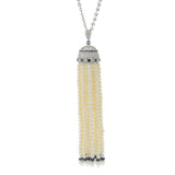 18KT White Gold Pearl, Diamond, and Sapphire Tassel Drop Necklace