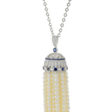 18KT White Gold Pearl, Diamond, and Sapphire Tassel Drop Necklace