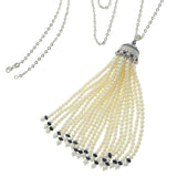 18KT White Gold Pearl, Diamond, and Sapphire Tassel Drop Necklace
