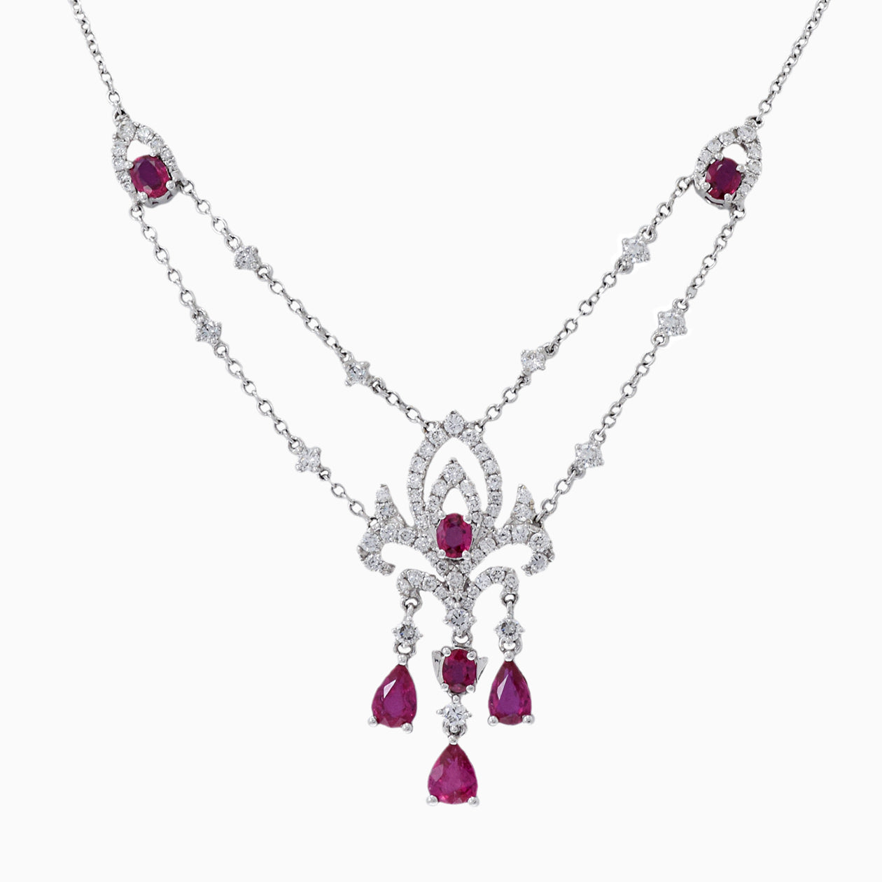 18KT White Gold Ruby And Diamond Drop Necklace