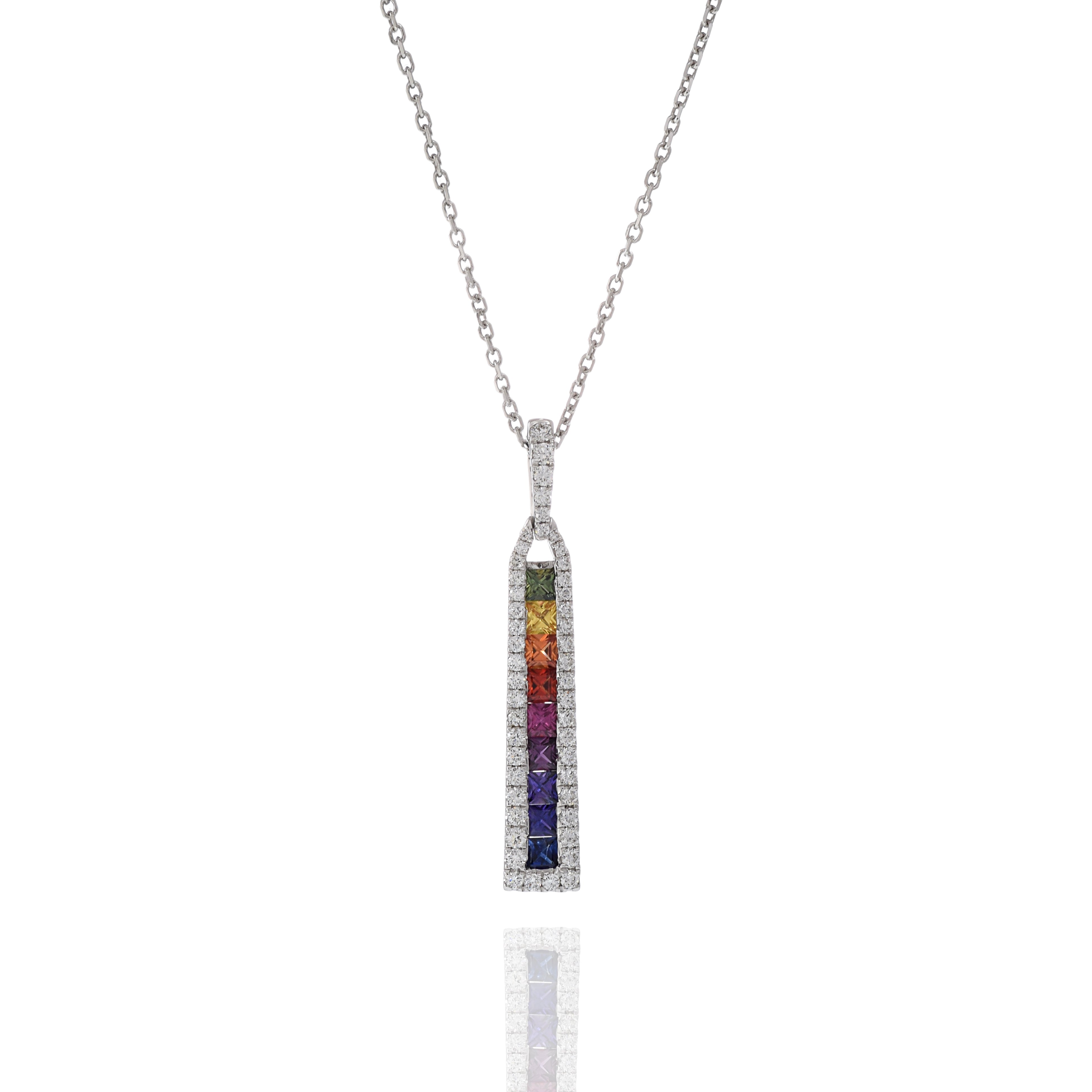 18KT White Gold Multi Color Sapphire And Diamond Bar Necklace