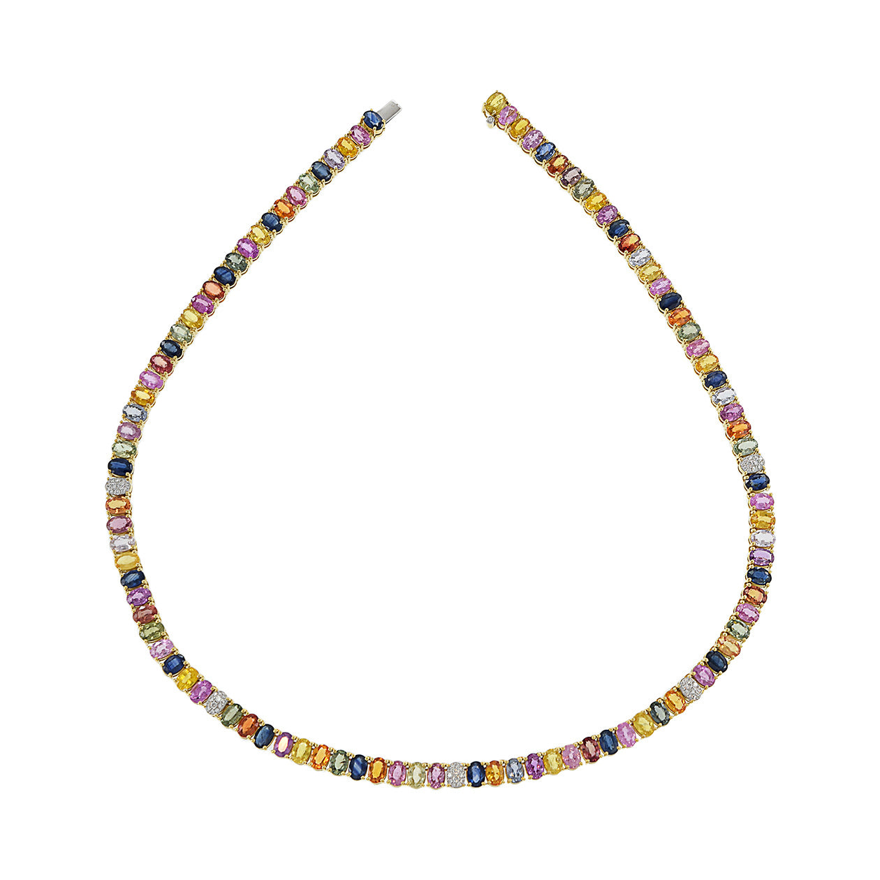 18KT Yellow Gold Multi Colored Sapphire Diamond Necklace