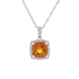 14KT White Gold Citrine and Diamond Halo Pendant Necklace