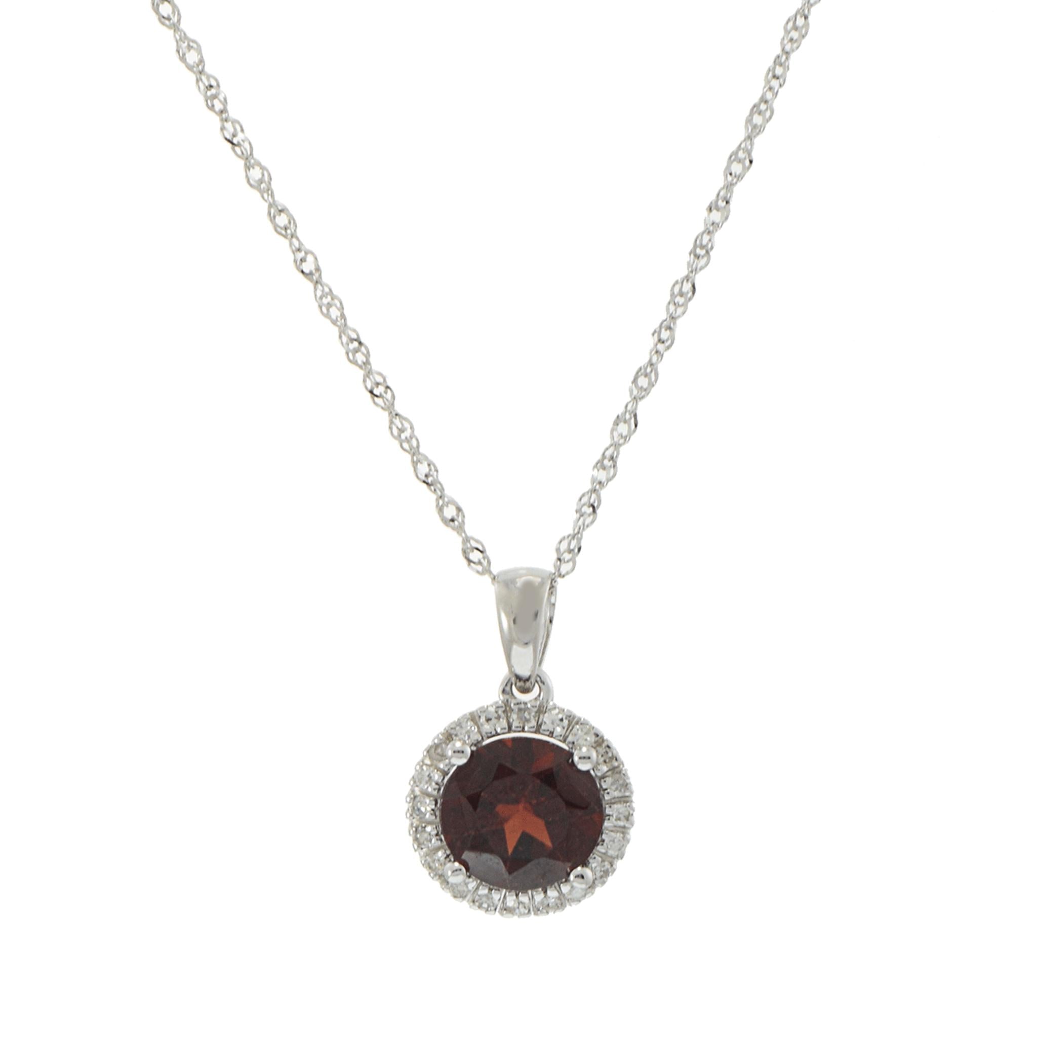 14KT White Gold Garnet and Diamond Halo Pendant Necklace