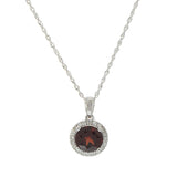 14KT White Gold Garnet and Diamond Halo Pendant Necklace