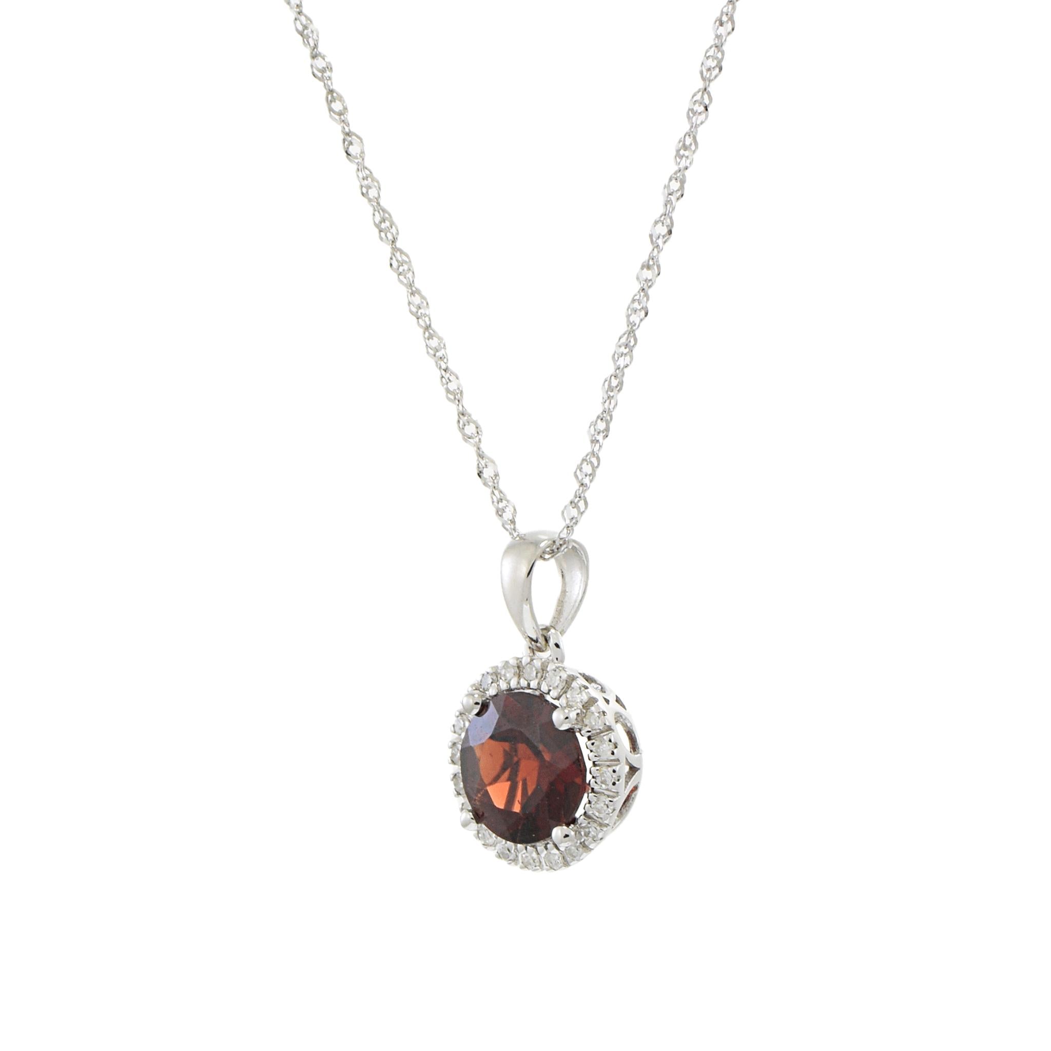 14KT White Gold Garnet and Diamond Halo Pendant Necklace