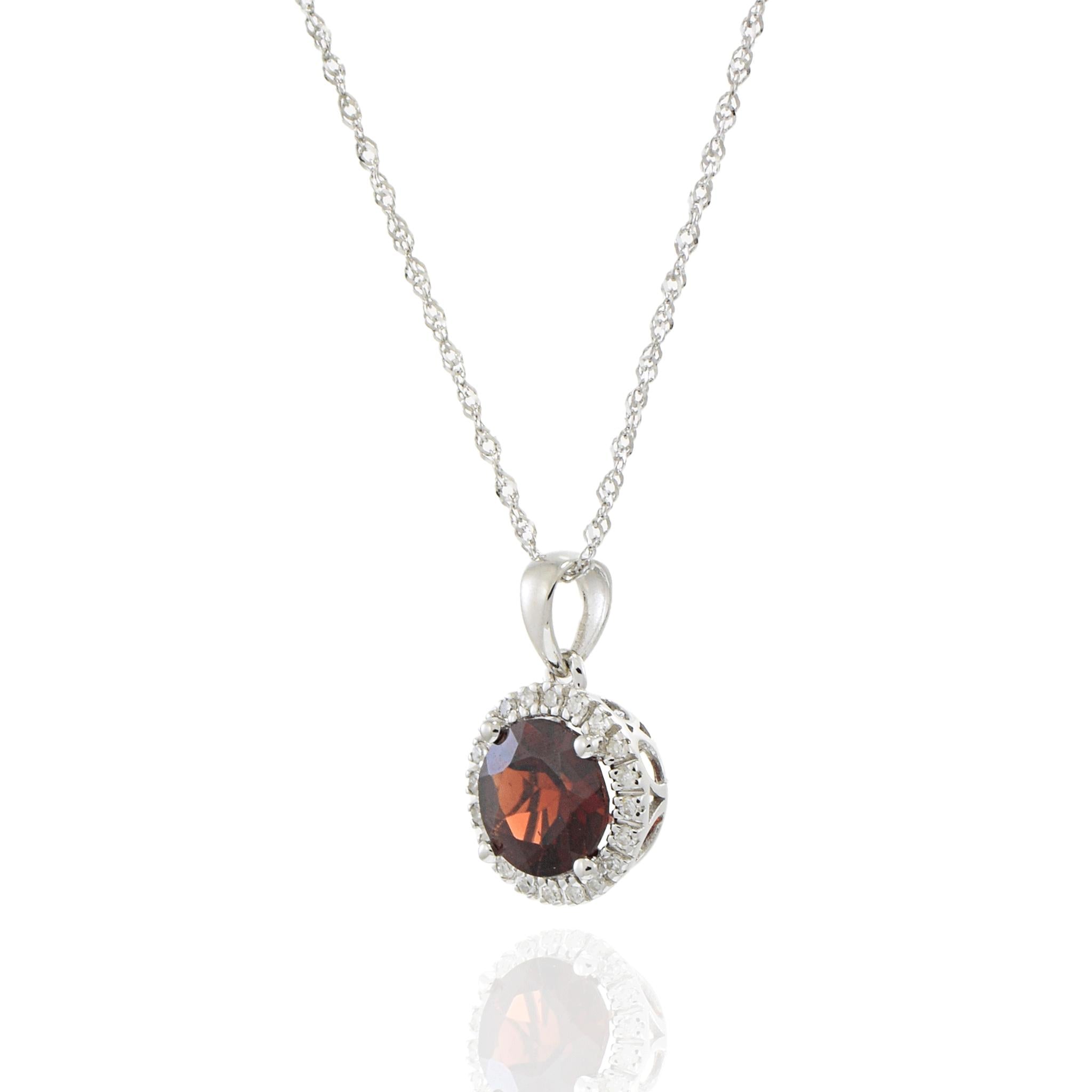 14KT White Gold Garnet and Diamond Halo Pendant Necklace