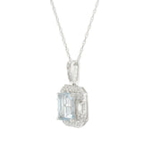 14K White Gold Emerald-Cut Aquamarine Pendant with Baguette and Round Diamonds